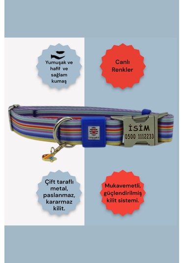 İsimli Köpek Tasması, Orta Ve Büyük Irk, Metal Kilitli Maviçzgmtl Mavi