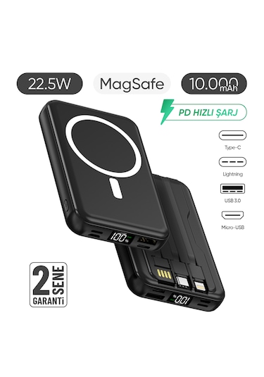 10.000 Mah Kablosuz Hızlı Şarjlı Magsafe Powerbank Led Ekranlı Dahili Kablolu Powerbank Siyah