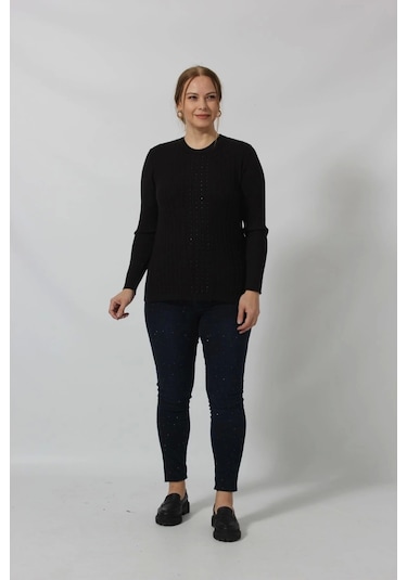 Taş İşleme Detaylı Çizgi Örgü Desenli Kazak Siyah