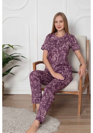 Kadın Çiçek Desen Bisiklet Yaka 3 Düğmeli Kısa Kol Cepli Pijama Takımı Mor