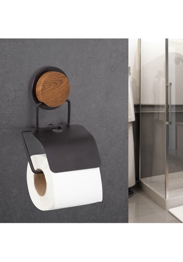 Okyanus Home Ahşap Desenli Magic Fix Sihirli Yapışkan Siyah Kapaklı Tuvalet Kağıtlık Mgs 712w
