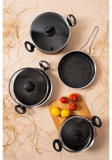 Çarşıdayız 7 Parça Eda Granit Siyah Siyah Tencere Seti Siyah