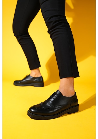 Avra Siyah Cilt Hakiki Deri Kadın Oxford Ayakkabı Siyah