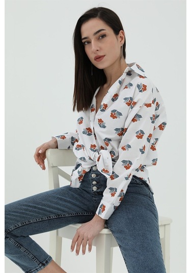Çiçek Desen Kol Katlamalı Gömlek - Beyaz-beyaz Beyaz