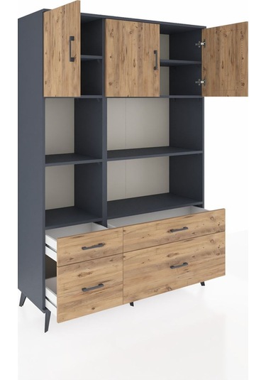Hyperion Dolap 8 Raflı 4 Çekmeceli 3 Kapaklı 132x44x195 Antrasit-çam/çam Atlas Çam/atlas Çam