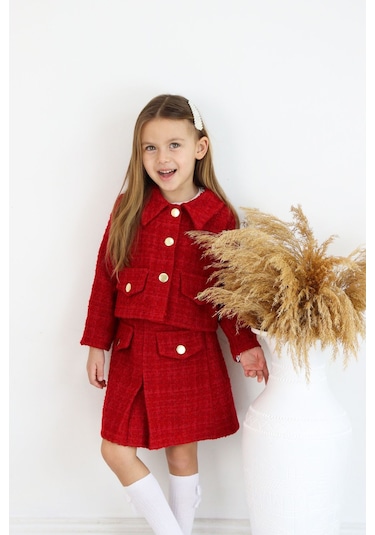 Kız Çocuk Carmen Kırmızı Tüvit Uzun Kollu Düğmeli Etek Ceket Takım Kırmızı