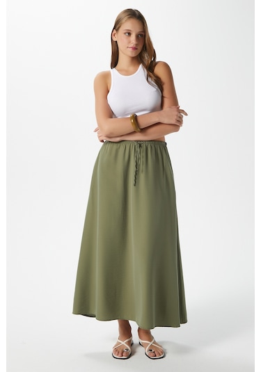 Kadın Trend Modal Serin Kumaş Haki Bel Lastikli Cepli Rahat Kalıp Uzun Etek