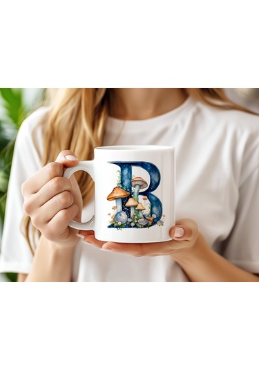 B Baş Harfi Fantastik Mantarlı Kupa Bardak - Kişiye Özel Masalsı Bardak - Hediye Beyaz