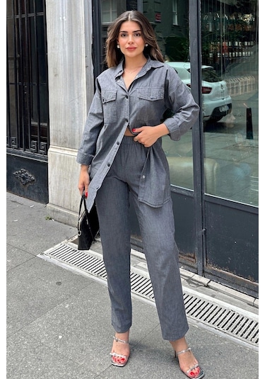 Antrasit Uzun Tunik Gömlek & Beli Lastikikli Rahat Pantolon - Yıkamalı Kot Kumaş Alt Üst Takım Antrasit