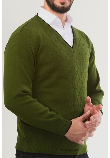 Kamalı Haki Erkek V Yaka Triko Uzun Kol Standart Fit Tüylenmeyen Triko Kışlık Örgü Kazak Haki