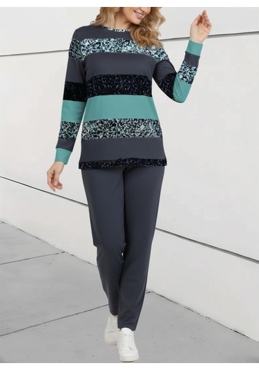 Evyora Kadın Uzun Kollu Bisiklet Yaka Çizgili Desen Iki Iplik Bluz Ve Pantolon Ikili Takım Yeşil