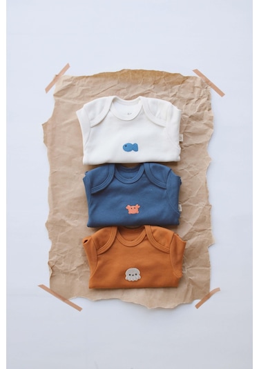 3lü Nakışlı Çıt Çıtlı Uzun Kollu Body Zıbın Set Model 4 Tarçın