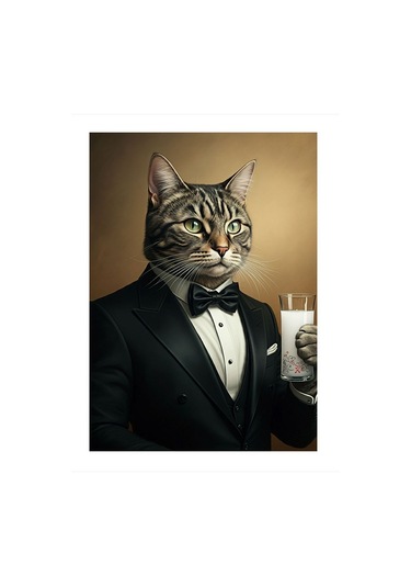 Smokinli Rakı İçen Kedi Art Mdf Tablo 25cmx 35cm