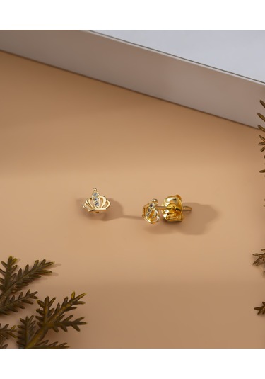 Roza Silver 925 Ayar Gold Zirkon Taşlı Minimal Taç Çivili Gümüş Küpe Re10218