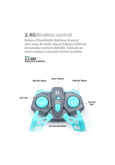 Uzaktan Kumandalı Işıklı Çok Yönlü Drift Tekerlekli Dublör Akrobat Araba Stunt Drift Car - Mavi Mavi