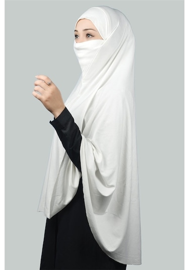 Altobeh Hazır Türban Peçeli Pratik Eşarp Tesettür Nikaplı Hijab - Namaz Örtüsü Sufle (5XL) - Ekru