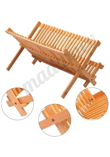 Madamev 2 Katlı Bambu Katlanabilir Tabaklık Bulaşıklık Büyük Boy Mutfak Dekoratif Bulaşık Kurutma Ra Bambu