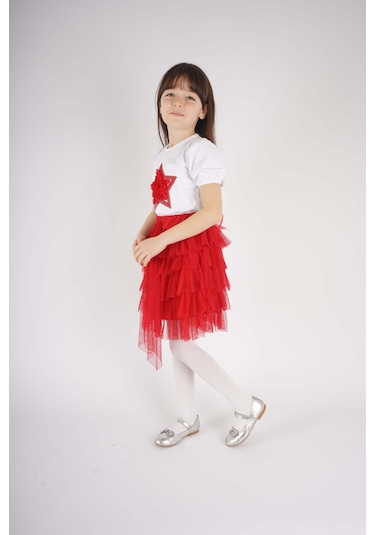 23 Nisan 29 Ekim Konsept Yıldız Detaylı Tül Detaylı Kat Kat Tütü Etekli Takım Kırmızı