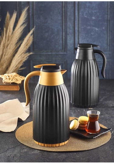 Star Termos Oluklu Gövde 1,5lt Cam Termos Siyah - Gold Piknik Kamp Outdoor Ofis Otel Kafe Okul Sts-6104 Siyah-gold