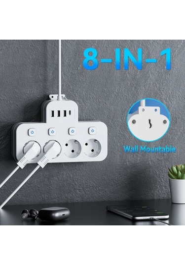 Xuweiwei Beyaz 8i 1 Arada Standart Eu Priz 4 Usb Portu Usb C Portlu Bagimsiz Anahtarlı 15m Uzatma Kablosu Ev Ofis İcin