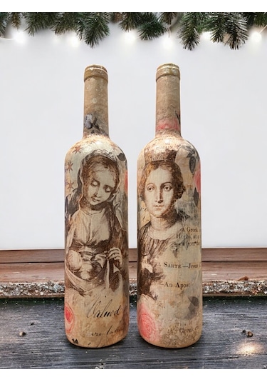 Meryem Ana Ve İsa Figürlü El Yapımı Dekoratif Şarap Şişeleri, Ev Dekoru, Ev Aksesuarları, Noel Ve Ye