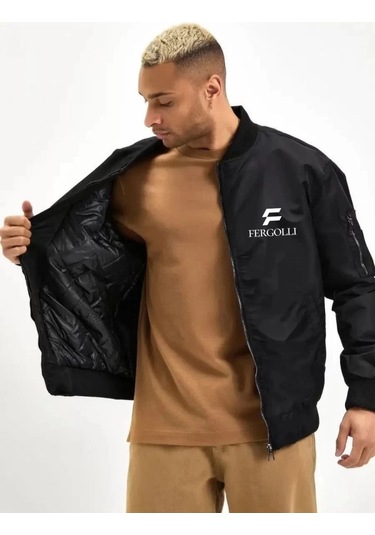 Erkek Siyah Bomber Mont - Fergolli Logo Baskılı, Fermuarlı Cepli, Kapitone Astarlı Şık Ve Rahat Günlük Ceket - Siyah Siyah
