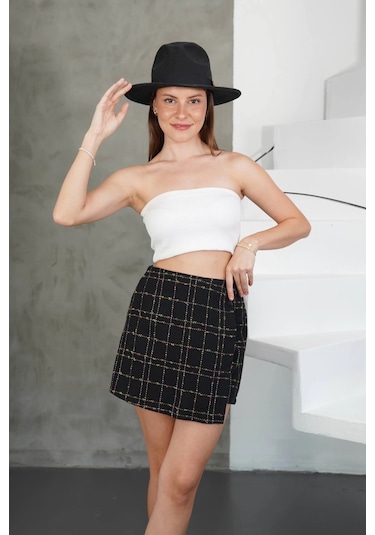 Defymoda İki Düğmeli Şort Etek Siyah H26414 Siyah