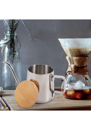 350 Ml Uzun Dar Ağızlı Kahve Potu Kaz Boynu Su Isıtıcısı Paslanmaz Çelik El Damlama Su Isıtıcısı Ahşap Kapaklı Kahve Ve Çay Potu Diğer