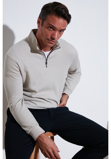 Buratti Pamuklu Regular Fit Yarım Fermuarlı Dik Yaka Erkek Sweat 5905716 Taş