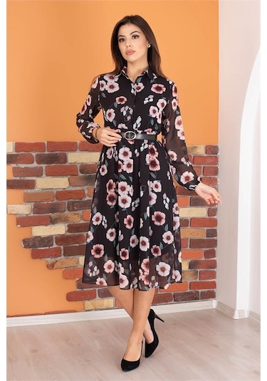 Neşeli Butik Kadın Gömlek Yaka Kemerli Çiçek Desenli Şifon Elbise Ry0031 Mor