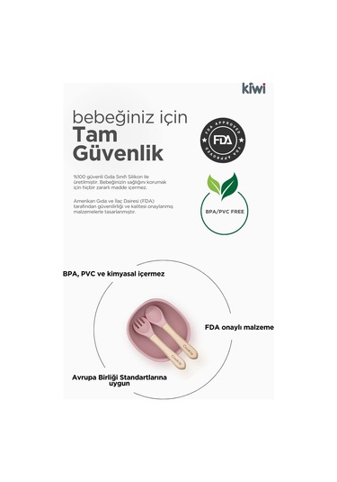Kiwi 3 Parça Kase Çatal Kaşık Beslenme Seti - Doğal Silikon Bpa İçermez- Beige