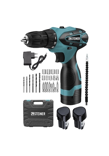 Steiner 36 V Sjs Çift Metal Şanzıman Çift Akülü Şarjlı Vidalama Matkap + 24 Parça Set Mavi