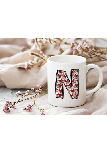N Harfi Aşk Temalı Kupa - Kalp Desenli Kişiye Özel Romantik Sevgililer Günü Kahve Kupası Beyaz