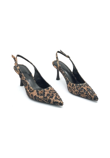 Feles Taş Detaylı Arkası Açık Stiletto Kadın Topuklu Ayakkabı Leopar
