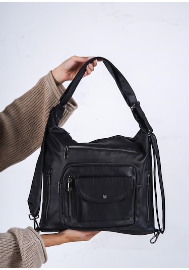 Yıkama Deri Kadın Omuz Ve Kol Çantası Siyah