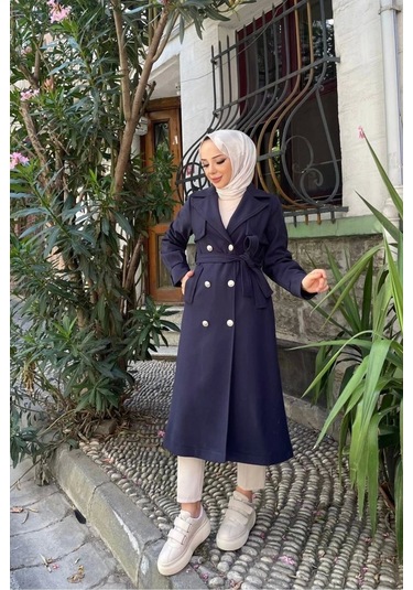 Kadın Kruvaze Polar Kaşe Kaban / M0108 - Lacivert Lacivert