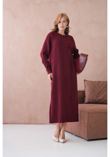 Kadın Bisiklet Yaka Yumuşak Dokulu Maksi Boy Şardonlu Oversize Triko Elbise 8324sw Bordo