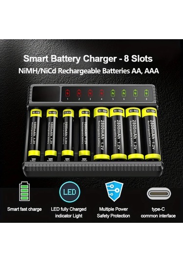Xuweiwei Lcd Ekranlı 8 Yuvalı Aa Aaa Pil Şarj Cihazı Akıllı Aşırı Şarj Koruması Type C Hızlı Şarj Piller Dahil Değil