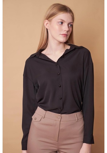 Kadın Yakalı Düşük Omuzlu Uzun Kol Likrasız Kumaş Gömlek-siyah Siyah