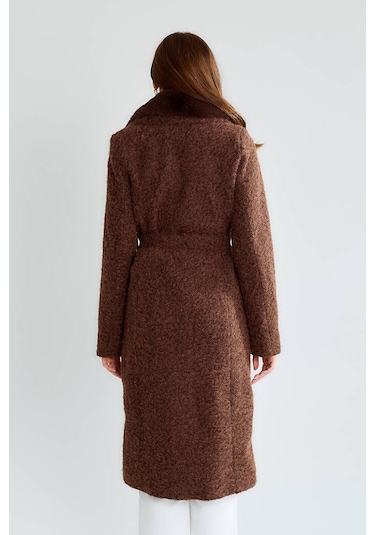 Kadın Kahverengi Bukle Kumaş Uzun Kaban Büyük Yakalı Kışlık Palto Teddy Kaban Kahve