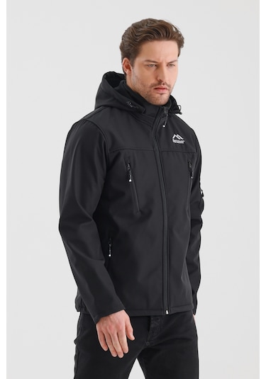 Çıkartılabilen Fermuarlı Kapüşon Cepli İçi Polarlı Su Geçirmez Softshell Erkek Mont Siyah Siyah