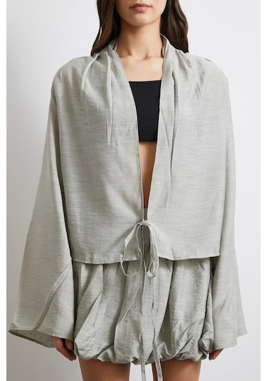 Geniş Kol Önden Bağlamalı Bluz Taş Taş