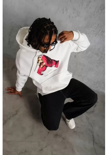 Erkek Eldiven Baskılı Kapüşonlu Sweat - Beyaz renkli