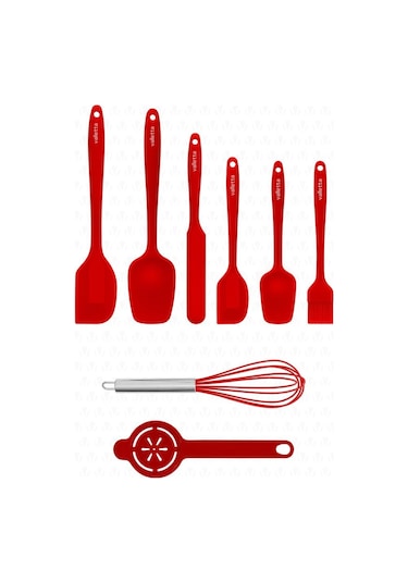 Valletta Drongo Isıya Dayanıklı Yanmaz Yapışmaz Silikon Spatula Seti 8 Parça Kırmızı