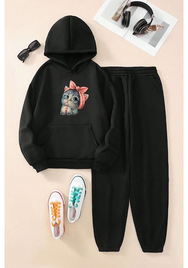 Fyk Kids Kedi Baskılı Kız Çocuk Eşofman Takımı Siyah
