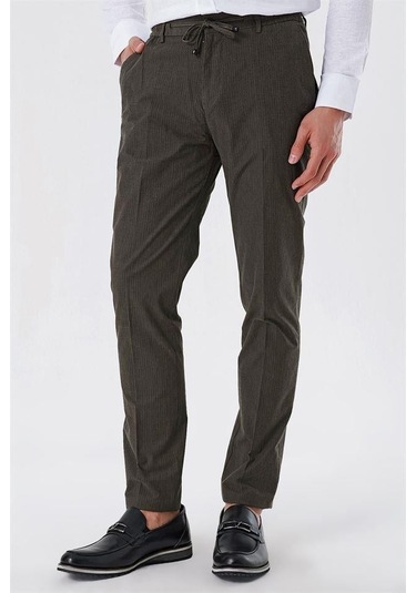 Koyu Vizon Çizgili Armürlü % 100 Pamuk Yan Cep Slim Fit Dar Kesim Casual Pantolon 1003230159-koyu Vizon Koyu Vizon
