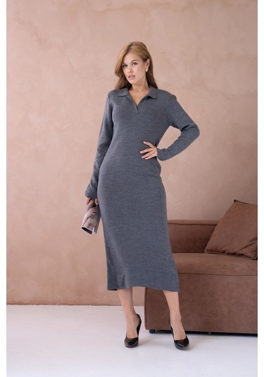 Kadın Polo Yaka Yamuşak Dokulu Maksi Boy Triko Elbise Antrasit