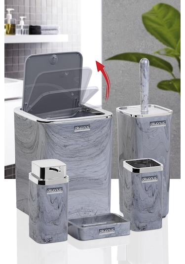 Okyanus Home Kromlu Kare Mermer Desenli 5'Li Banyo Seti Krom