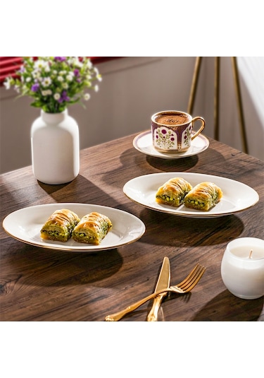 Porsima 4444 Gardenya Porselen Altın Fileli Kayık Tabak Seti - Oval Kahvaltılık Sunumluk Seti 20cm Beyaz