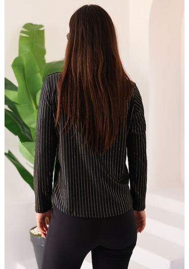 Lupinn Moda Kadın Siyah Simli /sim Parlak Çizgili Cep Detaylı Uzun Kollu Bluz Siyah